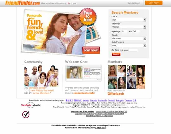 Startseite von FriendFinder (Screenshot)