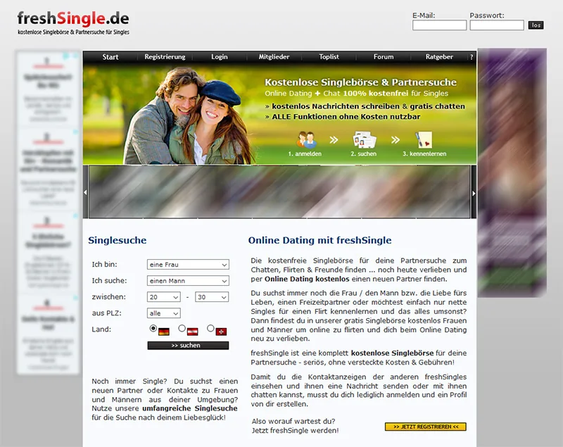 Startseite von freshSingle (Screenshot)